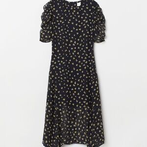 H&M Black Floral Midi Flowy Sheer Dress Slit Puff Sleeve Size 6